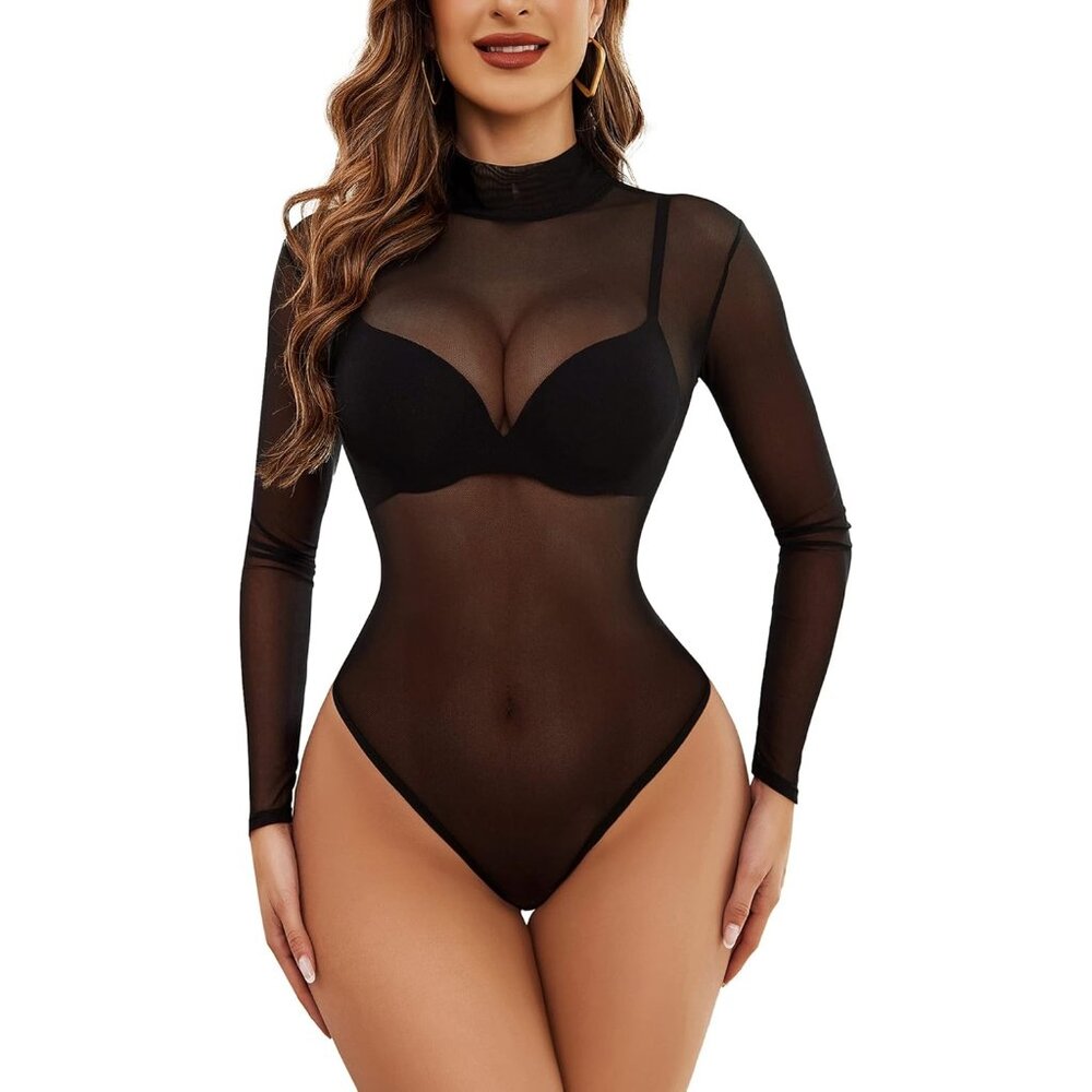 Women's Black Bodysuit Turtleneck Sheer Mesh Bodysuit Geo Print Long Sleeve